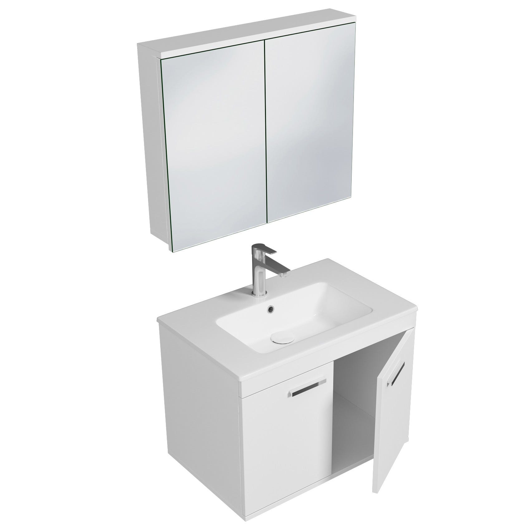 RUBITE Meuble salle de bain simple vasque 2 portes blanc largeur 70 cm + miroir armoire 1