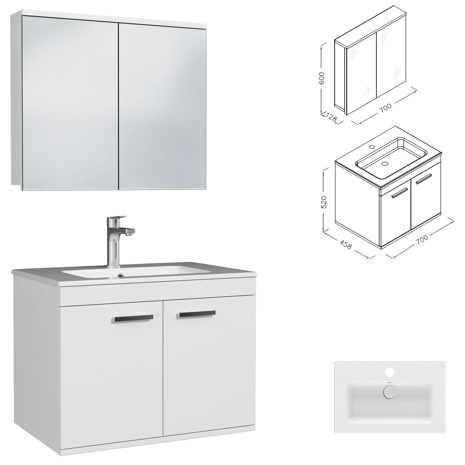 RUBITE Meuble salle de bain simple vasque 2 portes blanc largeur 70 cm + miroir armoire 2