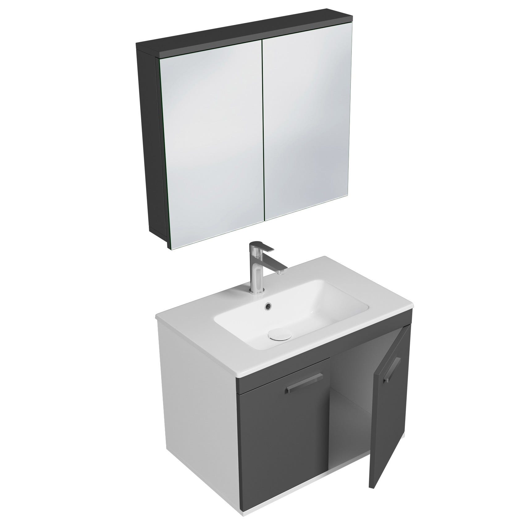 RUBITE Meuble salle de bain simple vasque 2 portes gris anthracite largeur 70 cm + miroir armoire 1