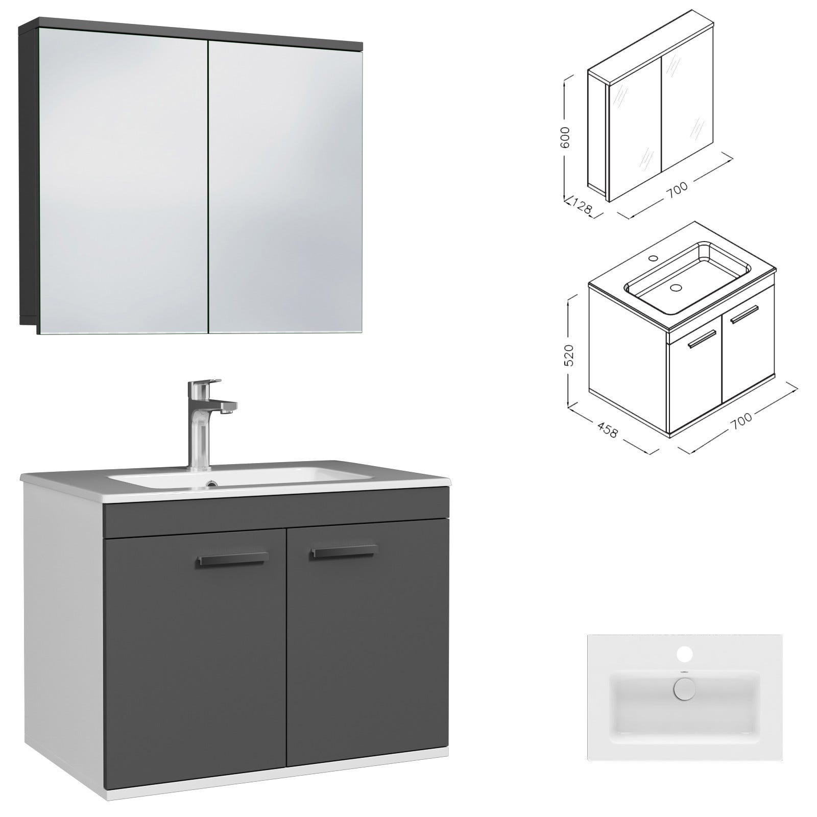 RUBITE Meuble salle de bain simple vasque 2 portes gris anthracite largeur 70 cm + miroir armoire 2