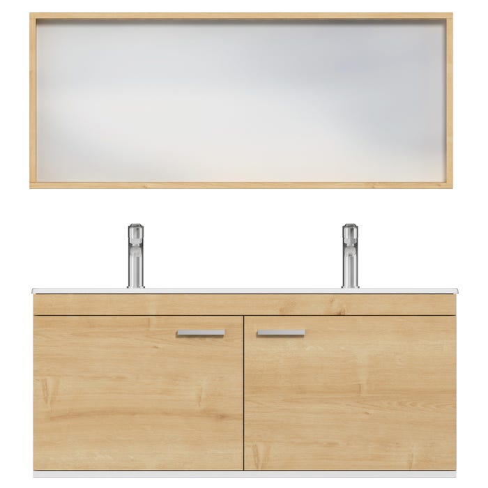 RUBITE Meuble salle de bain double vasque 2 portes chêne clair largeur 120 cm + miroir cadre 4