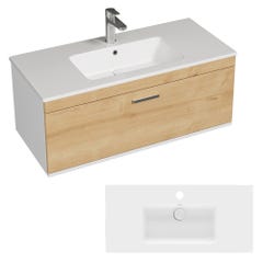 RUBITE Meuble salle de bain simple vasque 1 tiroir chêne clair largeur 100 cm 4