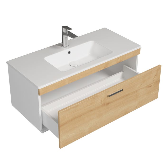 RUBITE Meuble salle de bain simple vasque 1 tiroir chêne clair largeur 100 cm 1