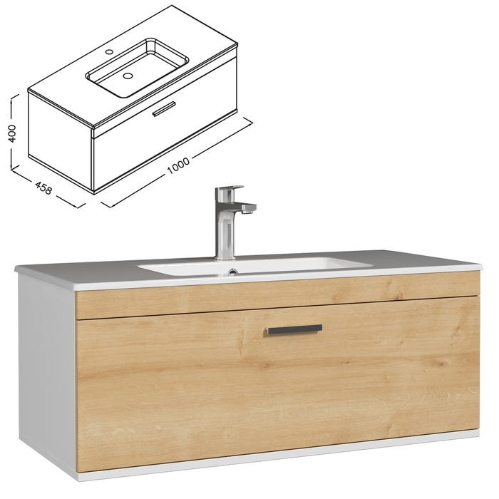RUBITE Meuble salle de bain simple vasque 1 tiroir chêne clair largeur 100 cm 2