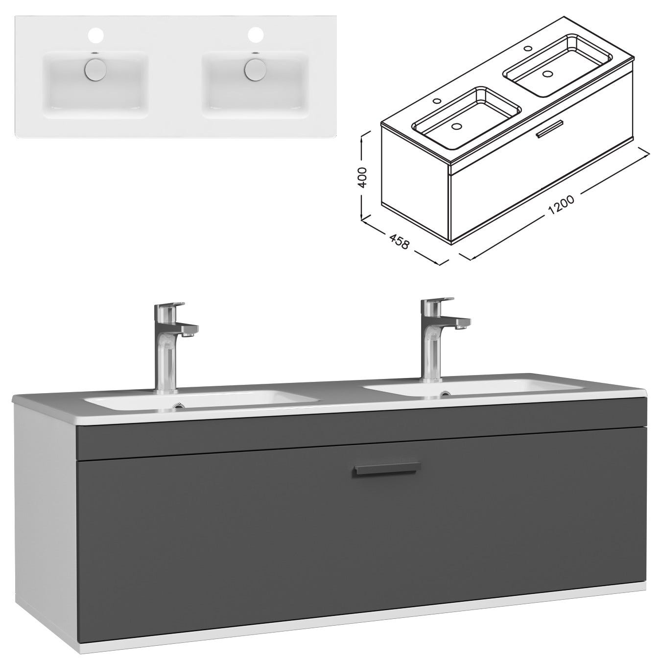 RUBITE Meuble salle de bain double vasque 1 tiroir gris anthracite largeur 120 cm 2