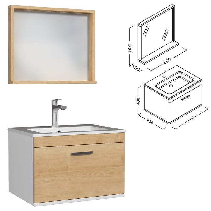 RUBITE Meuble salle de bain simple vasque 1 tiroir chêne clair largeur 60 cm + miroir cadre 3