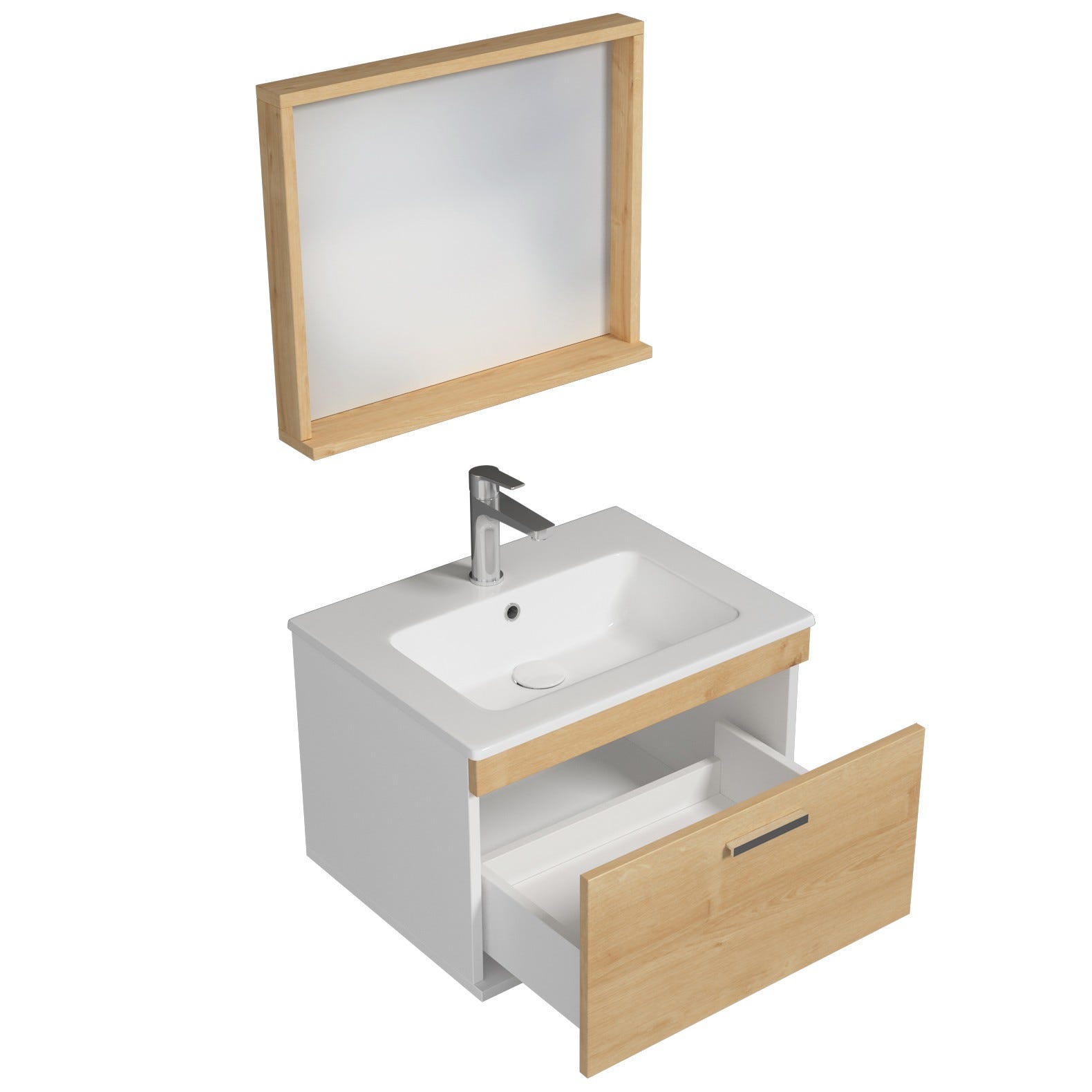 RUBITE Meuble salle de bain simple vasque 1 tiroir chêne clair largeur 60 cm + miroir cadre 2
