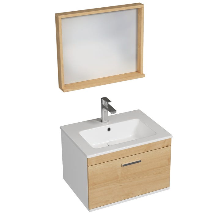 RUBITE Meuble salle de bain simple vasque 1 tiroir chêne clair largeur 60 cm + miroir cadre 1