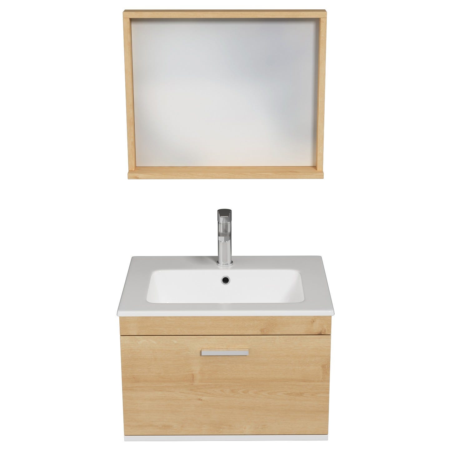 RUBITE Meuble salle de bain simple vasque 1 tiroir chêne clair largeur 60 cm + miroir cadre 4