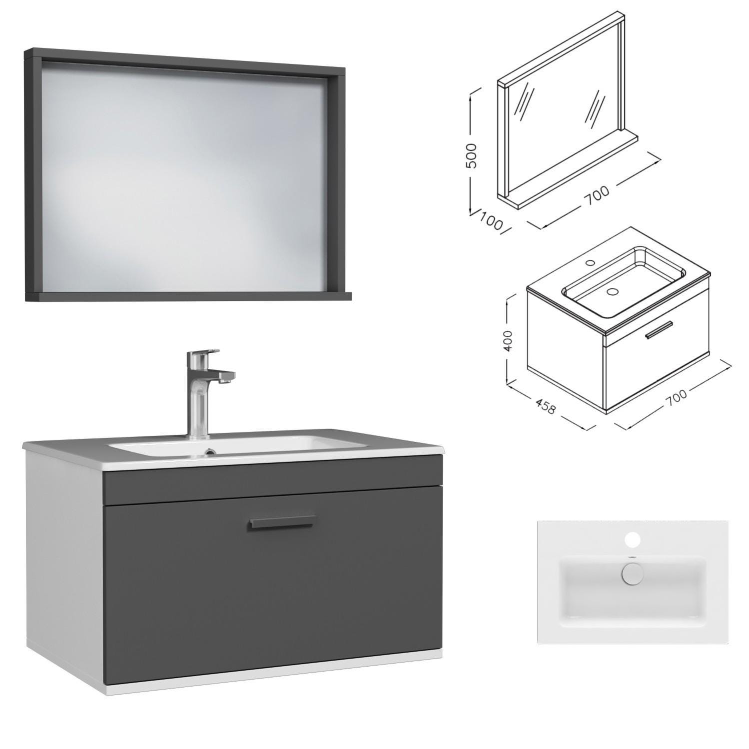 RUBITE Meuble salle de bain simple vasque 1 tiroir gris anthracite largeur 70 cm + miroir cadre 2