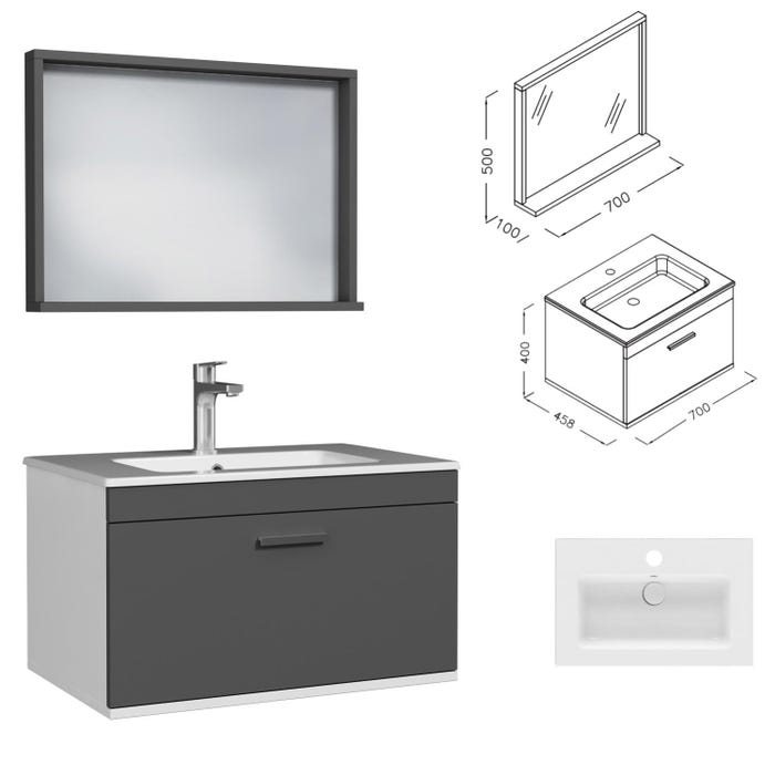 RUBITE Meuble salle de bain simple vasque 1 tiroir gris anthracite largeur 70 cm + miroir cadre 2
