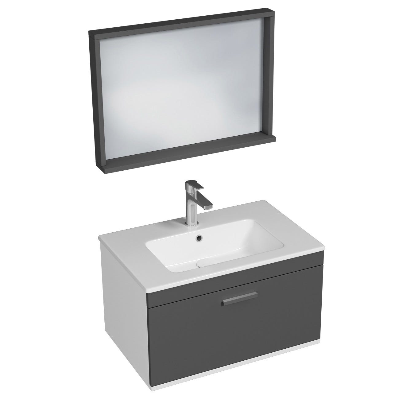 RUBITE Meuble salle de bain simple vasque 1 tiroir gris anthracite largeur 70 cm + miroir cadre 0