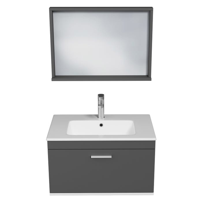 RUBITE Meuble salle de bain simple vasque 1 tiroir gris anthracite largeur 70 cm + miroir cadre 3