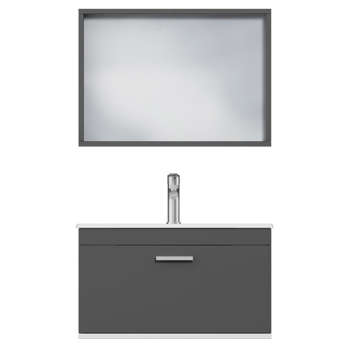 RUBITE Meuble salle de bain simple vasque 1 tiroir gris anthracite largeur 70 cm + miroir cadre 4