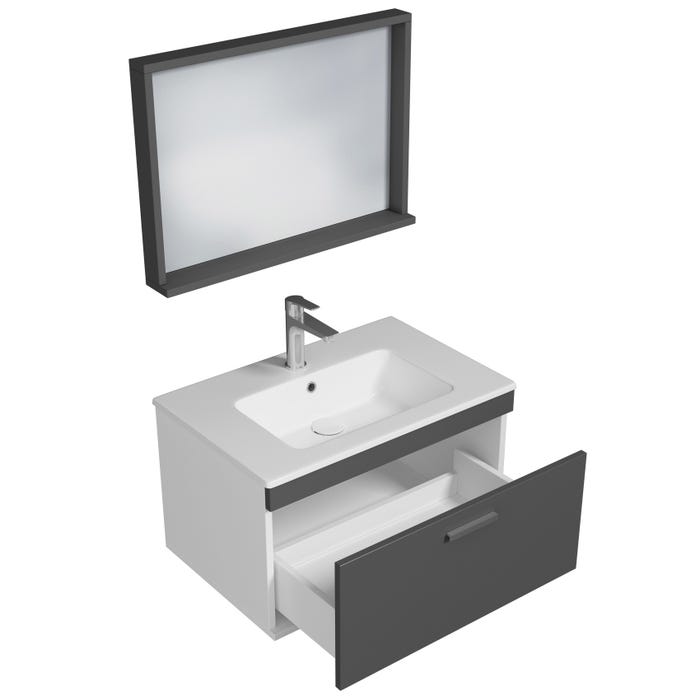 RUBITE Meuble salle de bain simple vasque 1 tiroir gris anthracite largeur 70 cm + miroir cadre 1