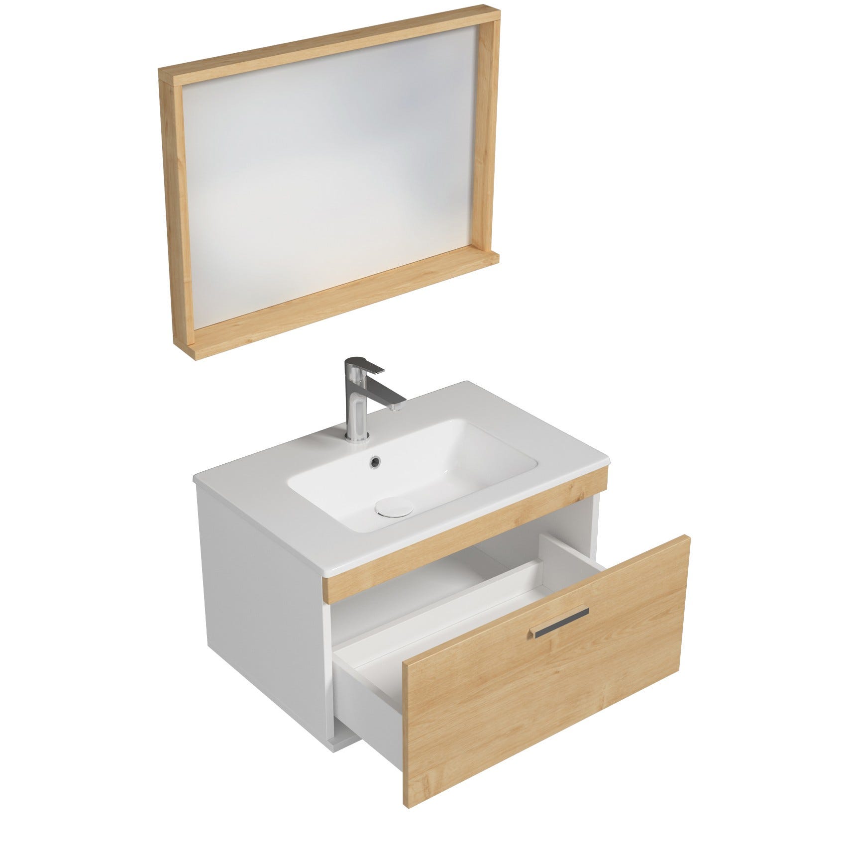 RUBITE Meuble salle de bain simple vasque 1 tiroir chêne clair largeur 70 cm + miroir cadre 2