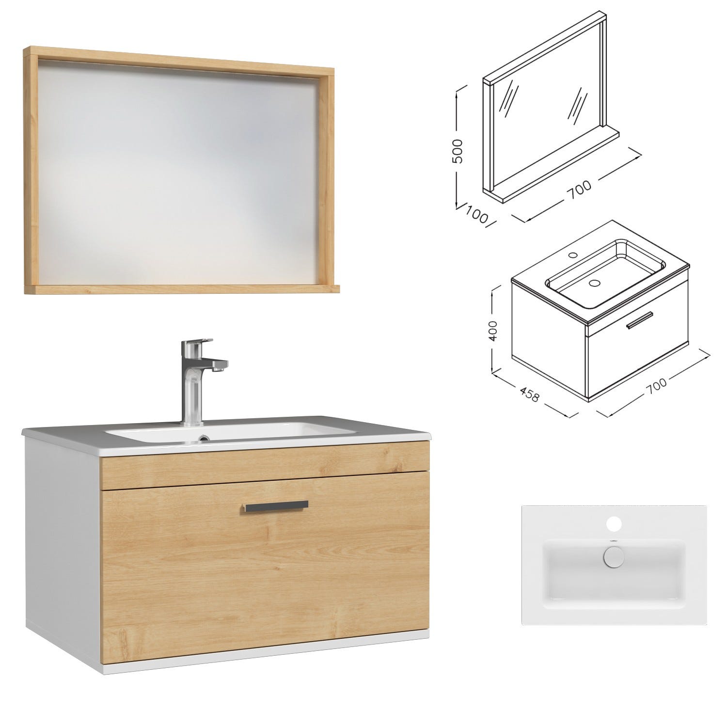 RUBITE Meuble salle de bain simple vasque 1 tiroir chêne clair largeur 70 cm + miroir cadre 3
