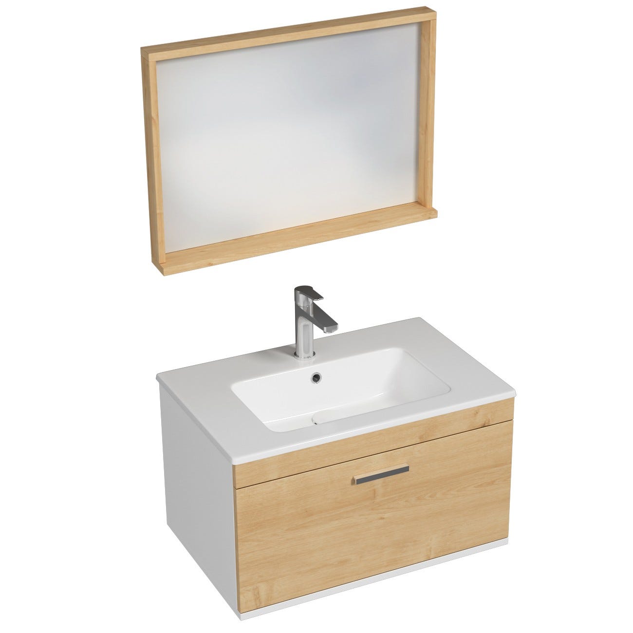 RUBITE Meuble salle de bain simple vasque 1 tiroir chêne clair largeur 70 cm + miroir cadre 1