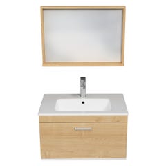 RUBITE Meuble salle de bain simple vasque 1 tiroir chêne clair largeur 70 cm + miroir cadre 4