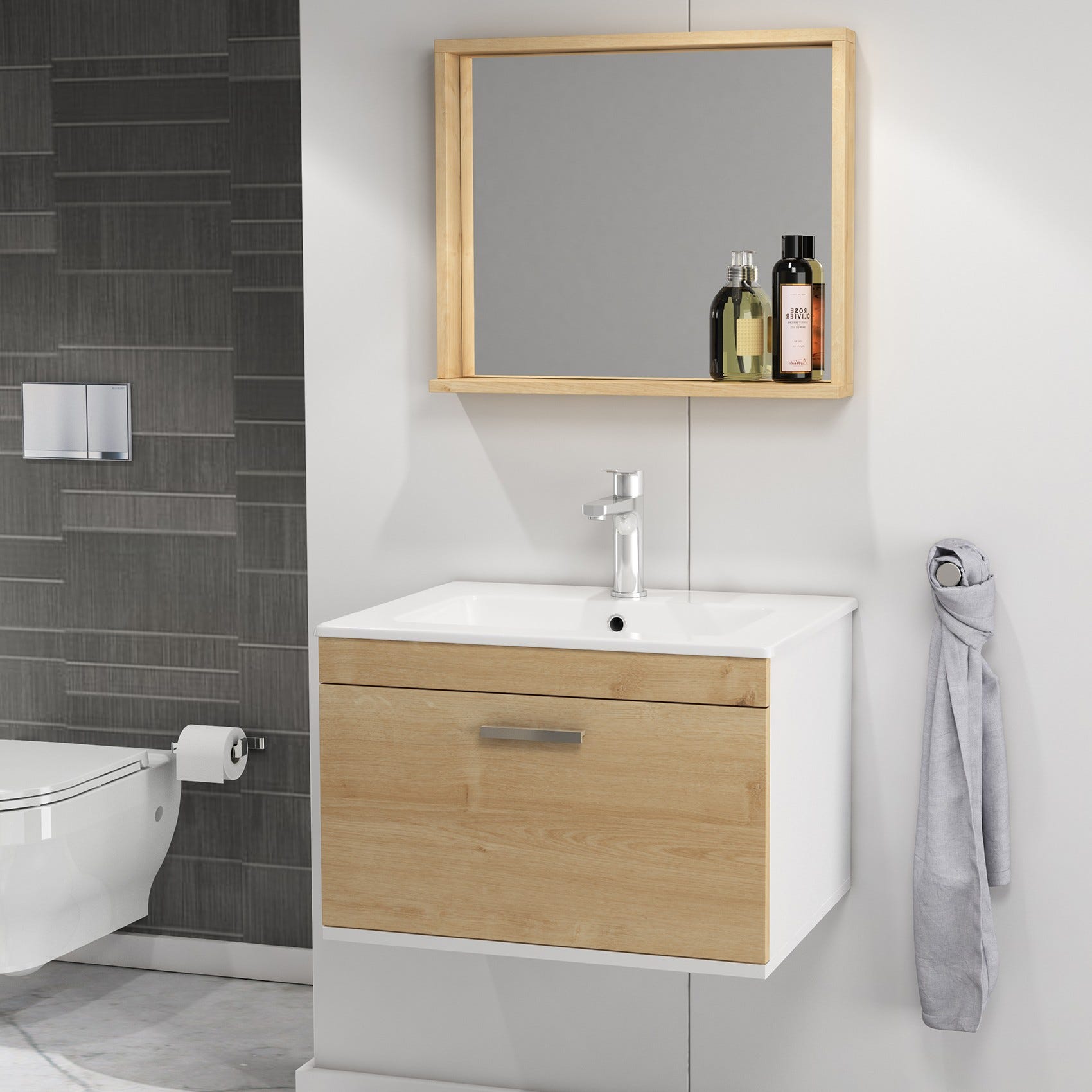 RUBITE Meuble salle de bain simple vasque 1 tiroir chêne clair largeur 70 cm + miroir cadre 0