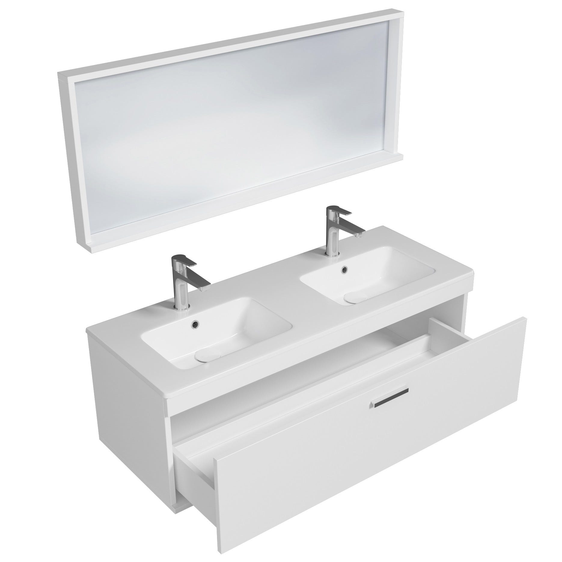 RUBITE Meuble salle de bain double vasque 1 tiroir blanc largeur 120 cm + miroir cadre 1