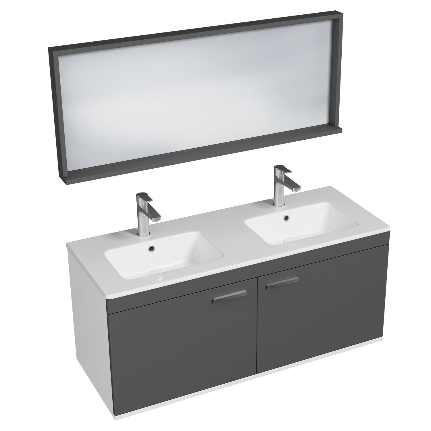 RUBITE Meuble salle de bain double vasque 2 portes gris anthracite largeur 120 cm + miroir cadre 0