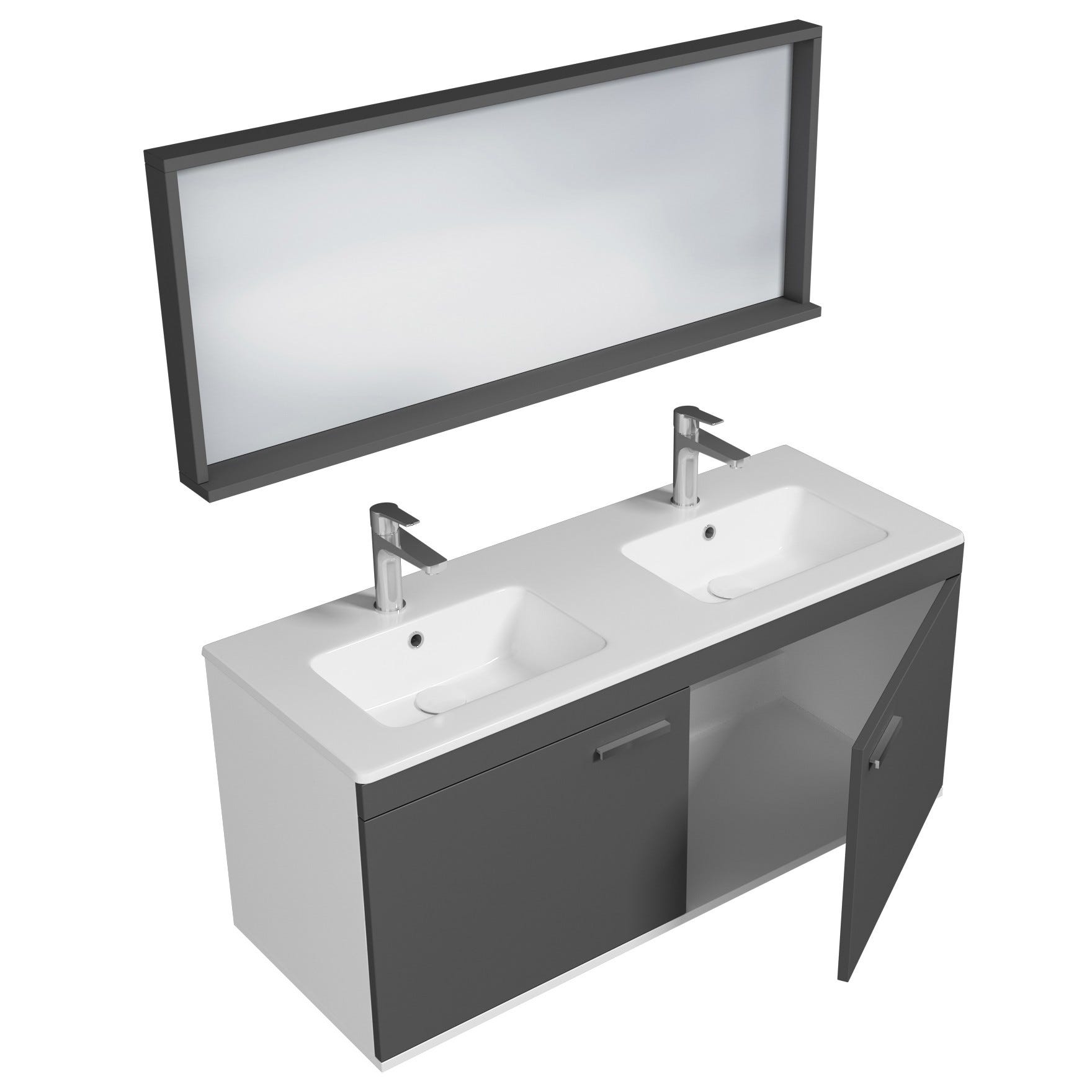 RUBITE Meuble salle de bain double vasque 2 portes gris anthracite largeur 120 cm + miroir cadre 1