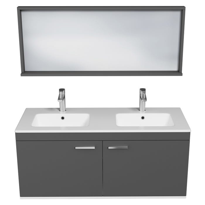 RUBITE Meuble salle de bain double vasque 2 portes gris anthracite largeur 120 cm + miroir cadre 3