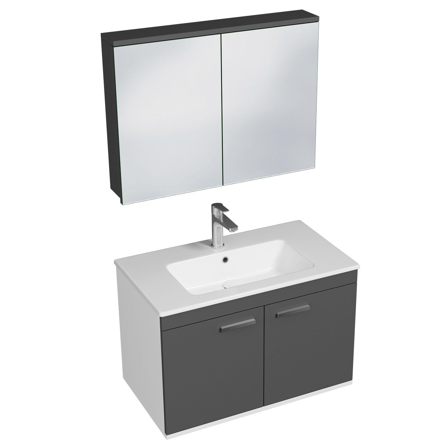 RUBITE Meuble salle de bain simple vasque 2 portes gris anthracite largeur 80 cm + miroir armoire 0