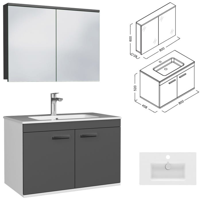 RUBITE Meuble salle de bain simple vasque 2 portes gris anthracite largeur 80 cm + miroir armoire 2