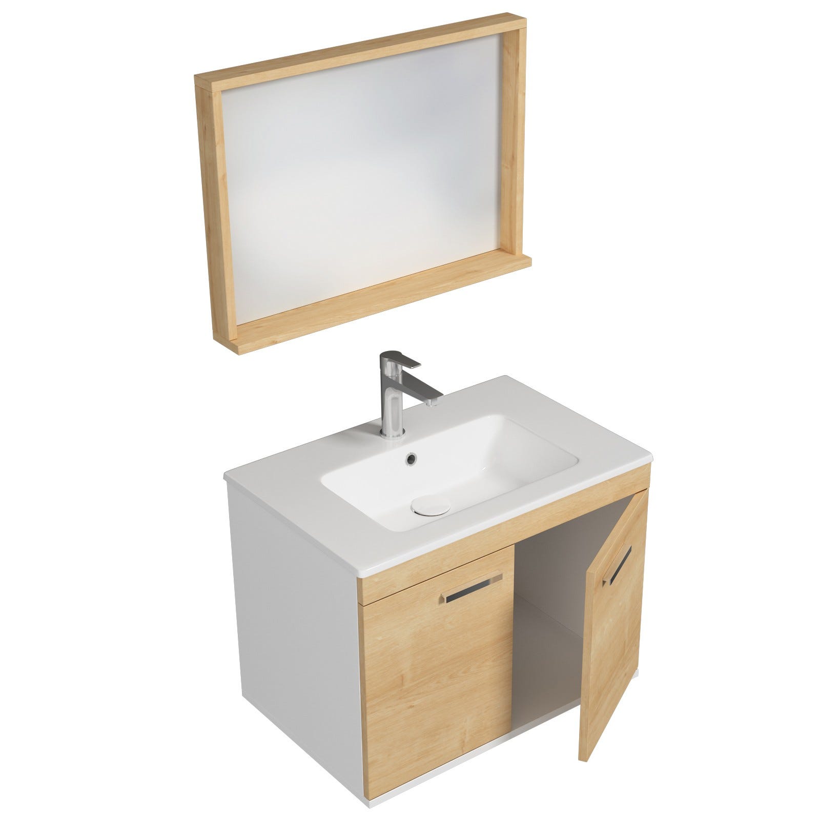 RUBITE Meuble salle de bain simple vasque 2 portes chêne clair largeur 70 cm + miroir cadre 1