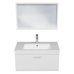 RUBITE Meuble salle de bain simple vasque 1 tiroir blanc largeur 80 cm + miroir cadre 3