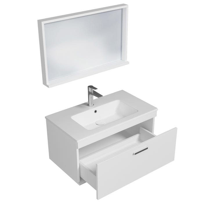 RUBITE Meuble salle de bain simple vasque 1 tiroir blanc largeur 80 cm + miroir cadre 1