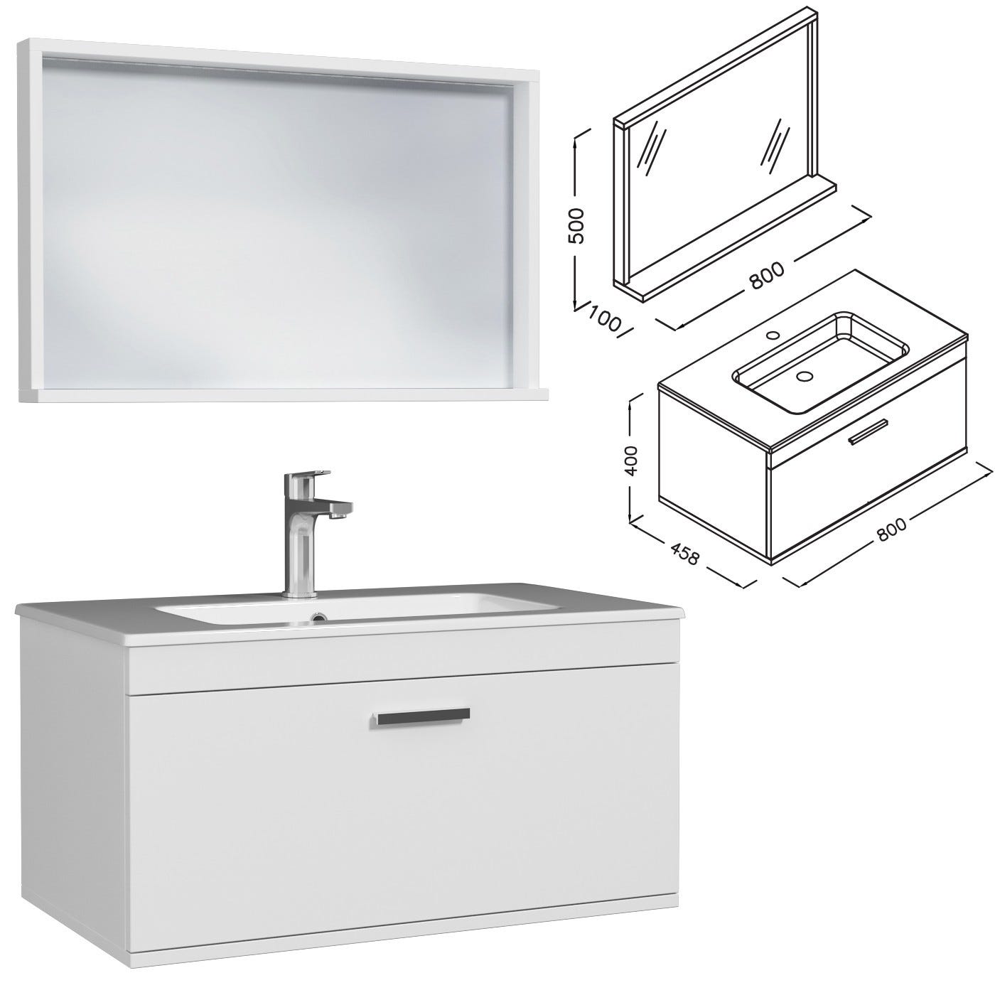 RUBITE Meuble salle de bain simple vasque 1 tiroir blanc largeur 80 cm + miroir cadre 2