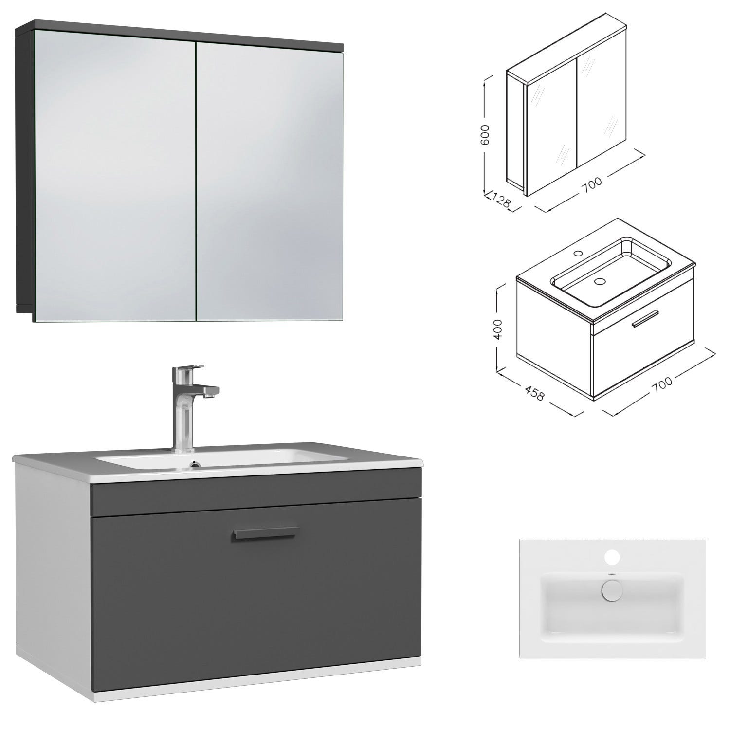 RUBITE Meuble salle de bain simple vasque 1 tiroir gris anthracite largeur 70 cm + miroir armoire 2