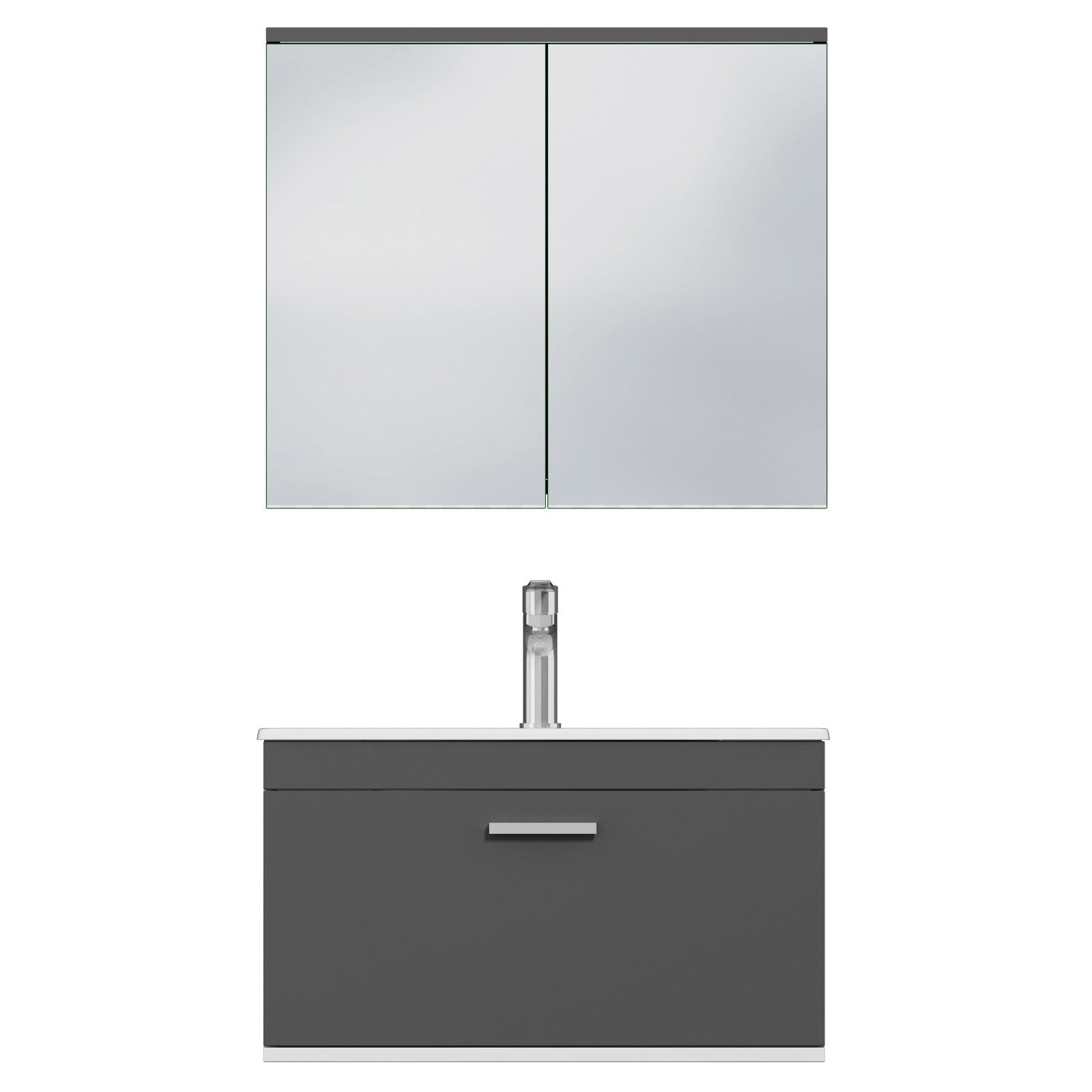 RUBITE Meuble salle de bain simple vasque 1 tiroir gris anthracite largeur 70 cm + miroir armoire 4