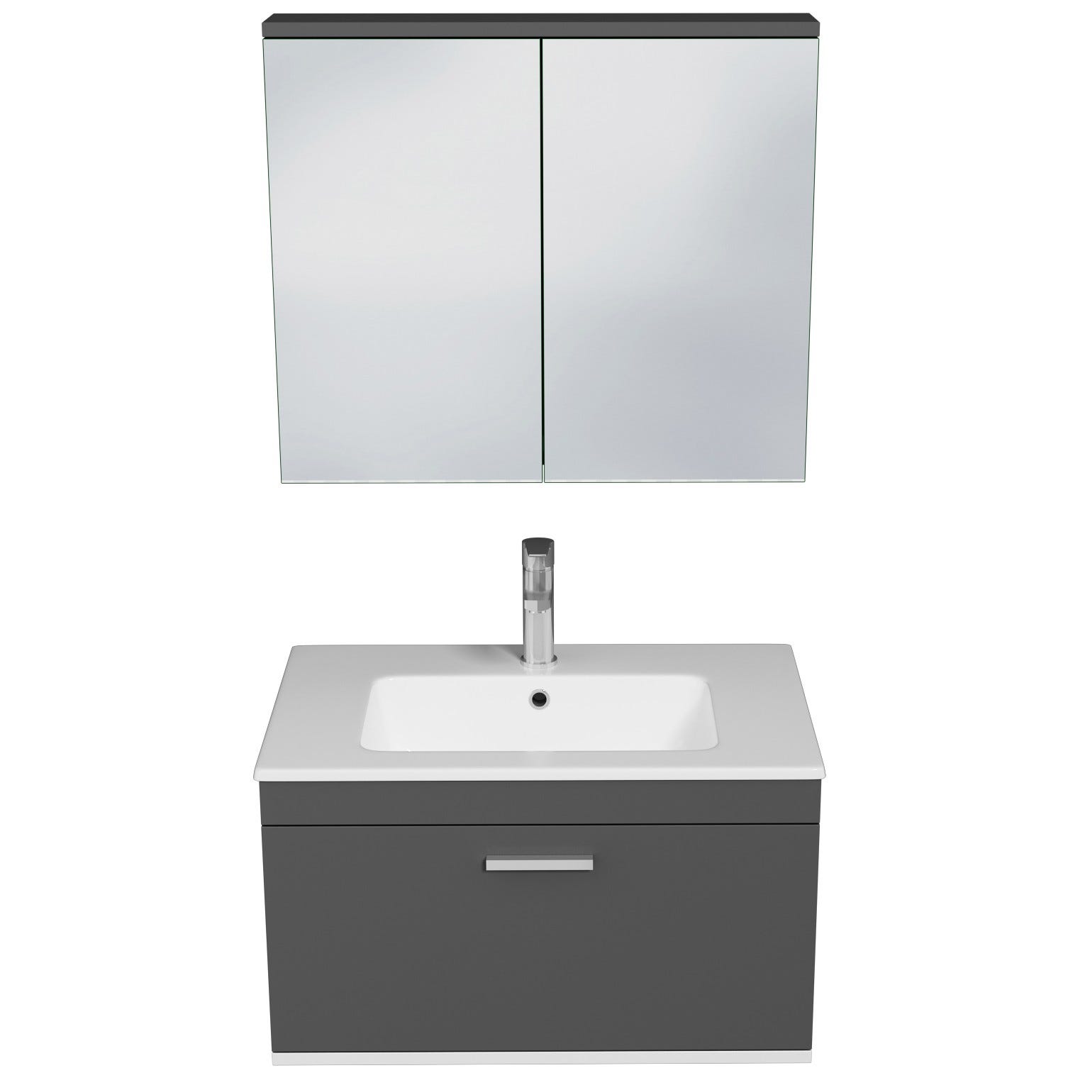 RUBITE Meuble salle de bain simple vasque 1 tiroir gris anthracite largeur 70 cm + miroir armoire 3