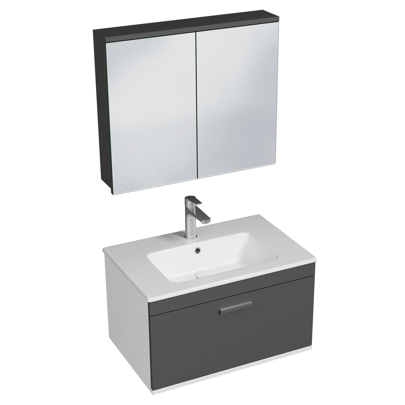 RUBITE Meuble salle de bain simple vasque 1 tiroir gris anthracite largeur 70 cm + miroir armoire 0