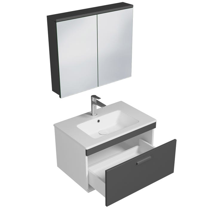 RUBITE Meuble salle de bain simple vasque 1 tiroir gris anthracite largeur 70 cm + miroir armoire 1