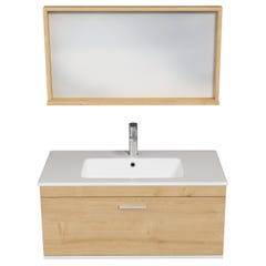 RUBITE Meuble salle de bain simple vasque 1 tiroir chêne clair largeur 90 cm + miroir cadre 3