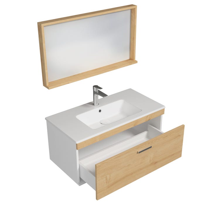 RUBITE Meuble salle de bain simple vasque 1 tiroir chêne clair largeur 90 cm + miroir cadre 1