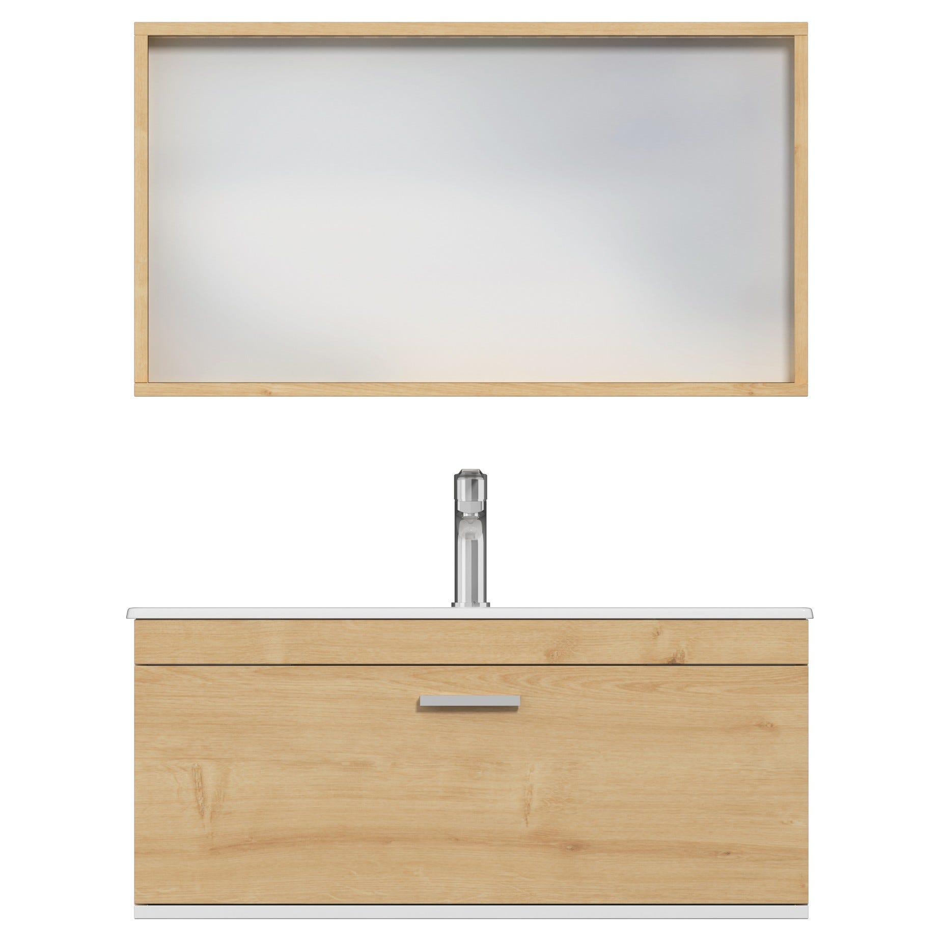 RUBITE Meuble salle de bain simple vasque 1 tiroir chêne clair largeur 90 cm + miroir cadre 4