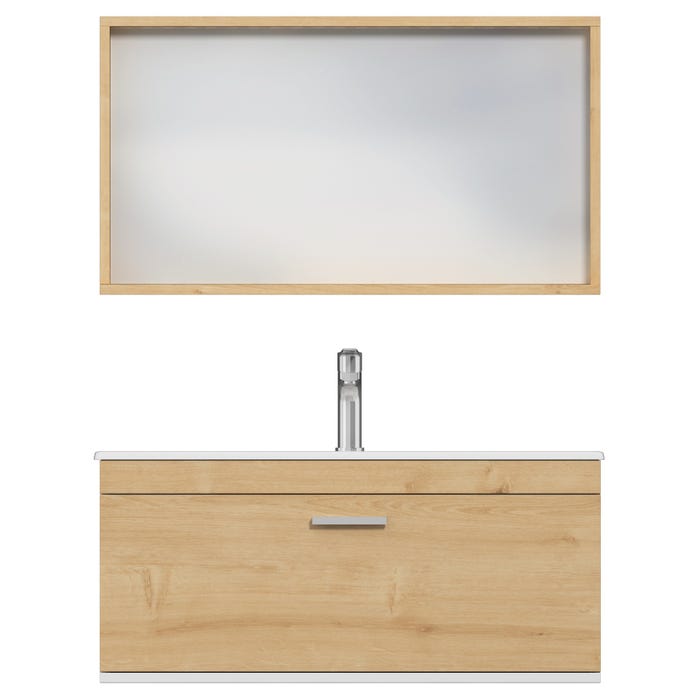 RUBITE Meuble salle de bain simple vasque 1 tiroir chêne clair largeur 90 cm + miroir cadre 4