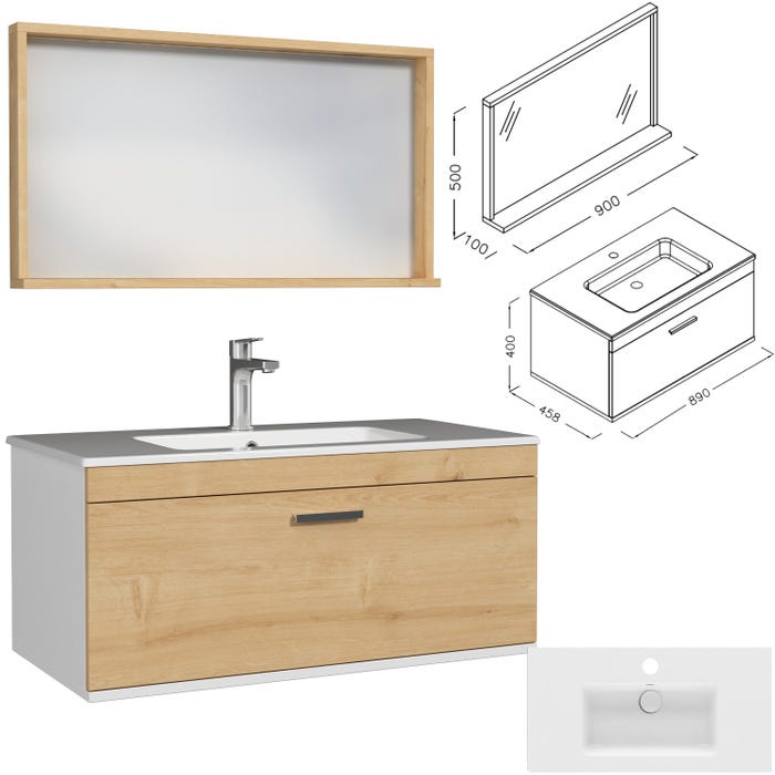 RUBITE Meuble salle de bain simple vasque 1 tiroir chêne clair largeur 90 cm + miroir cadre 2