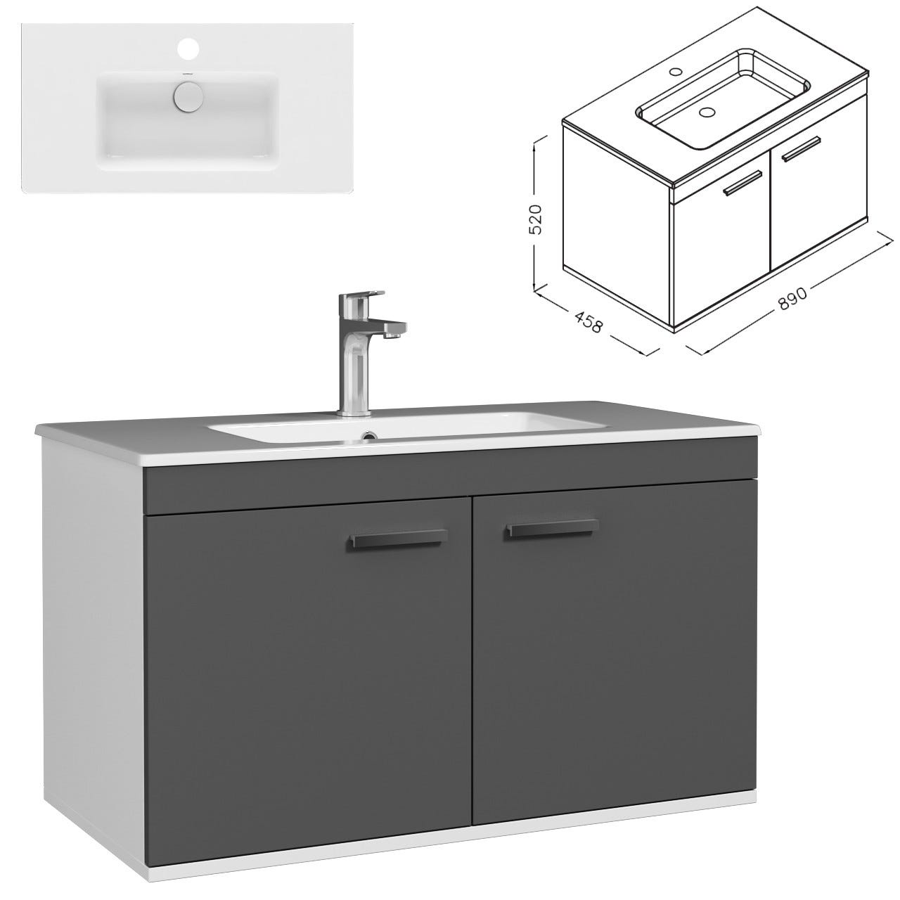 RUBITE Meuble salle de bain simple vasque 2 portes gris anthracite largeur 90 cm 2