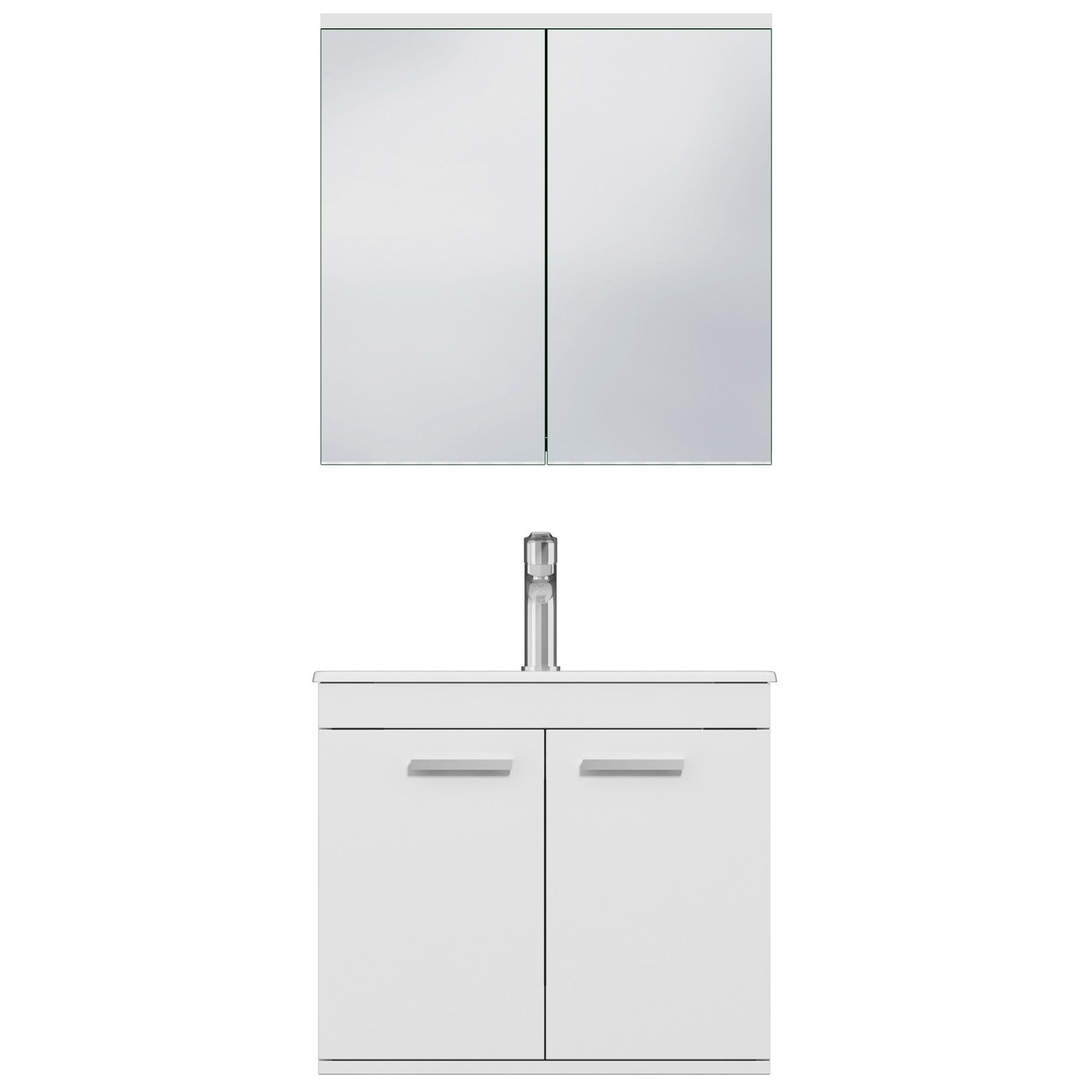RUBITE Meuble salle de bain simple vasque 2 portes blanc largeur 60 cm + miroir armoire 4