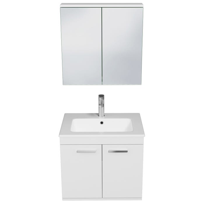 RUBITE Meuble salle de bain simple vasque 2 portes blanc largeur 60 cm + miroir armoire 3