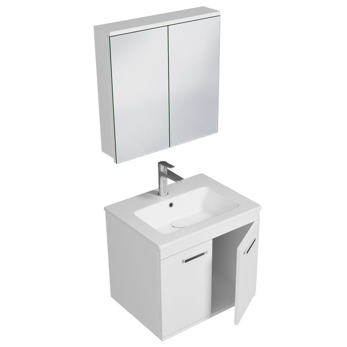 RUBITE Meuble salle de bain simple vasque 2 portes blanc largeur 60 cm + miroir armoire 1