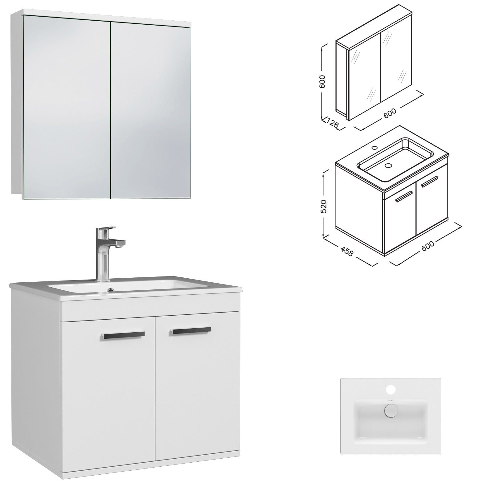 RUBITE Meuble salle de bain simple vasque 2 portes blanc largeur 60 cm + miroir armoire 2