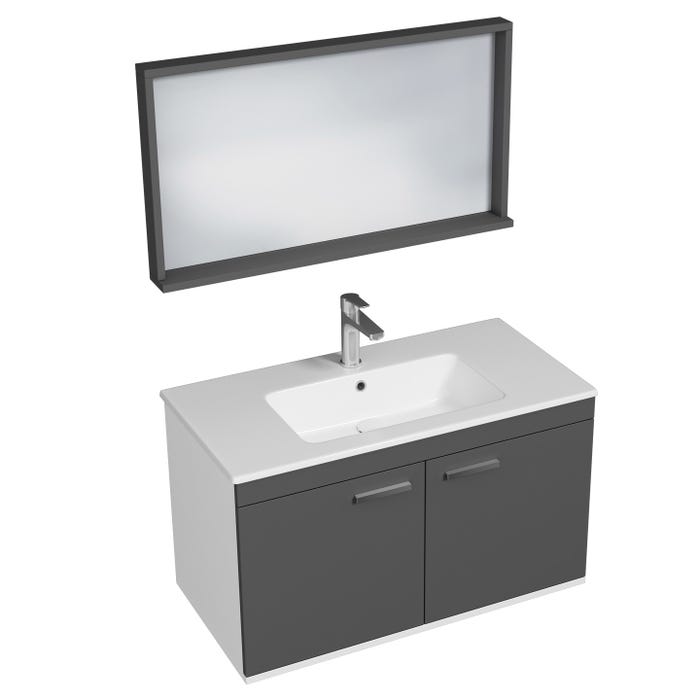 RUBITE Meuble salle de bain simple vasque 2 portes gris anthracite largeur 90 cm + miroir cadre 0